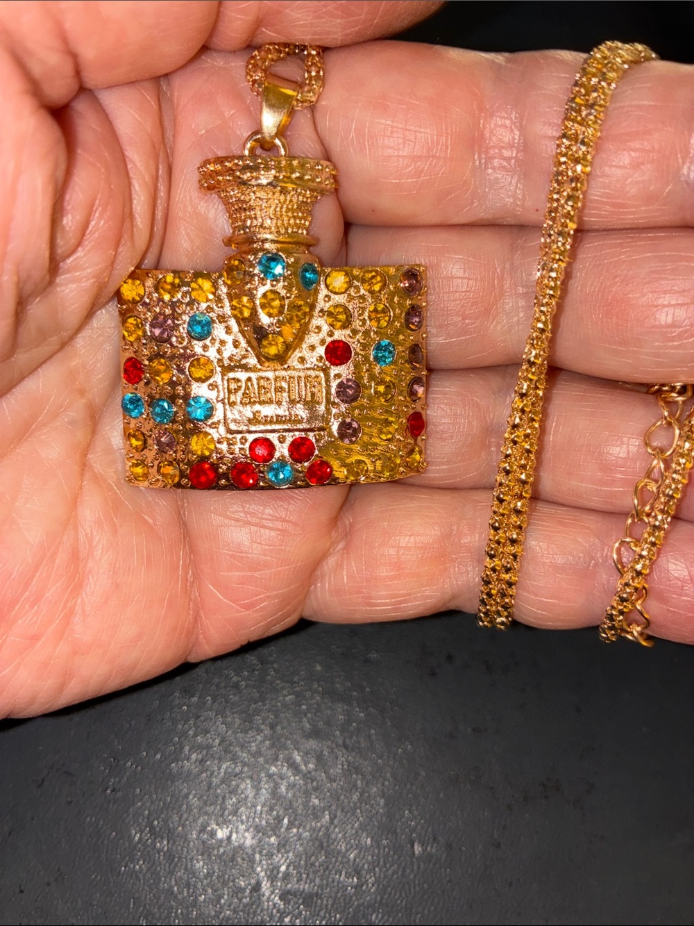 Gold-Tone Multicolor Crystal Perfume Bottle Pendant Necklace